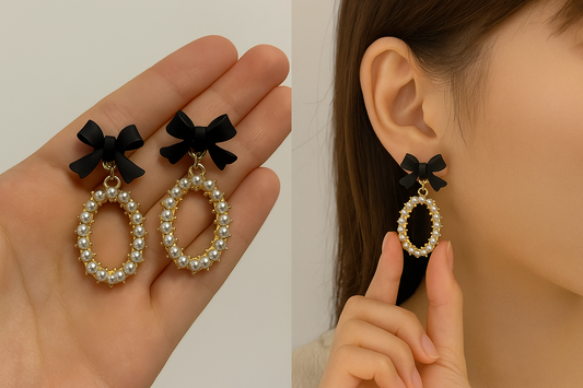 Midnight Pearl Bow Drop Earrings