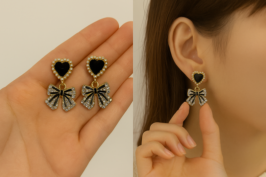 Black Heart Bow Sparkle Earrings