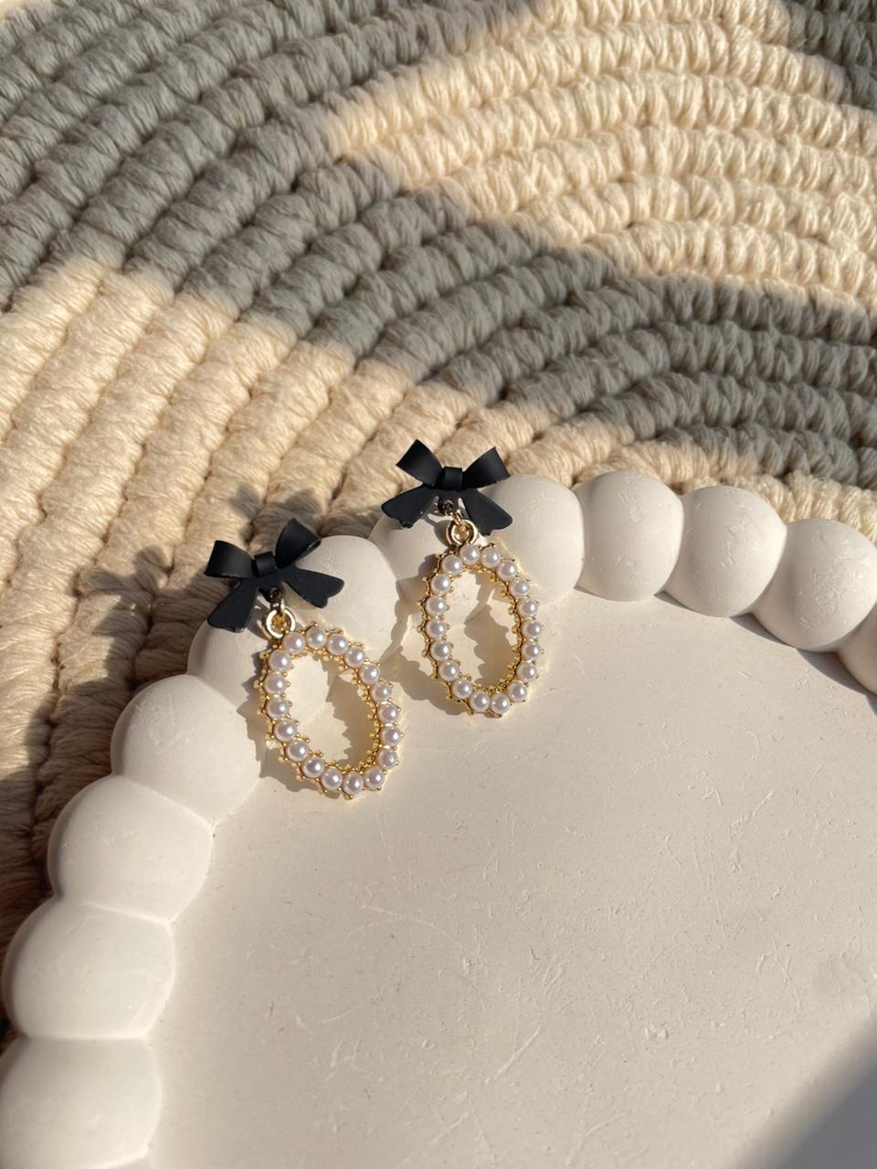Midnight Pearl Bow Drop Earrings
